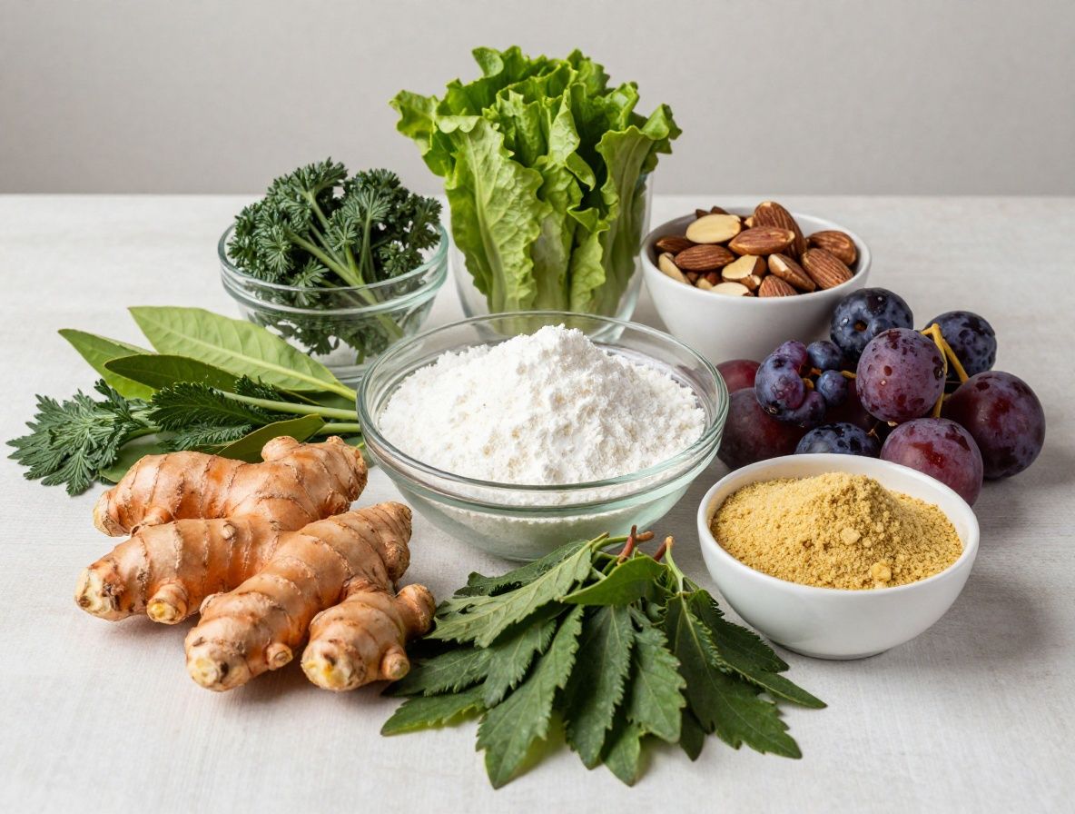 Nahaufnahme verschiedener natürlicher Lebensmittel auf einem Holztisch: Kurkuma, Ingwer, Nüsse, Beeren, grüne Blätter, natürliches warmes Licht