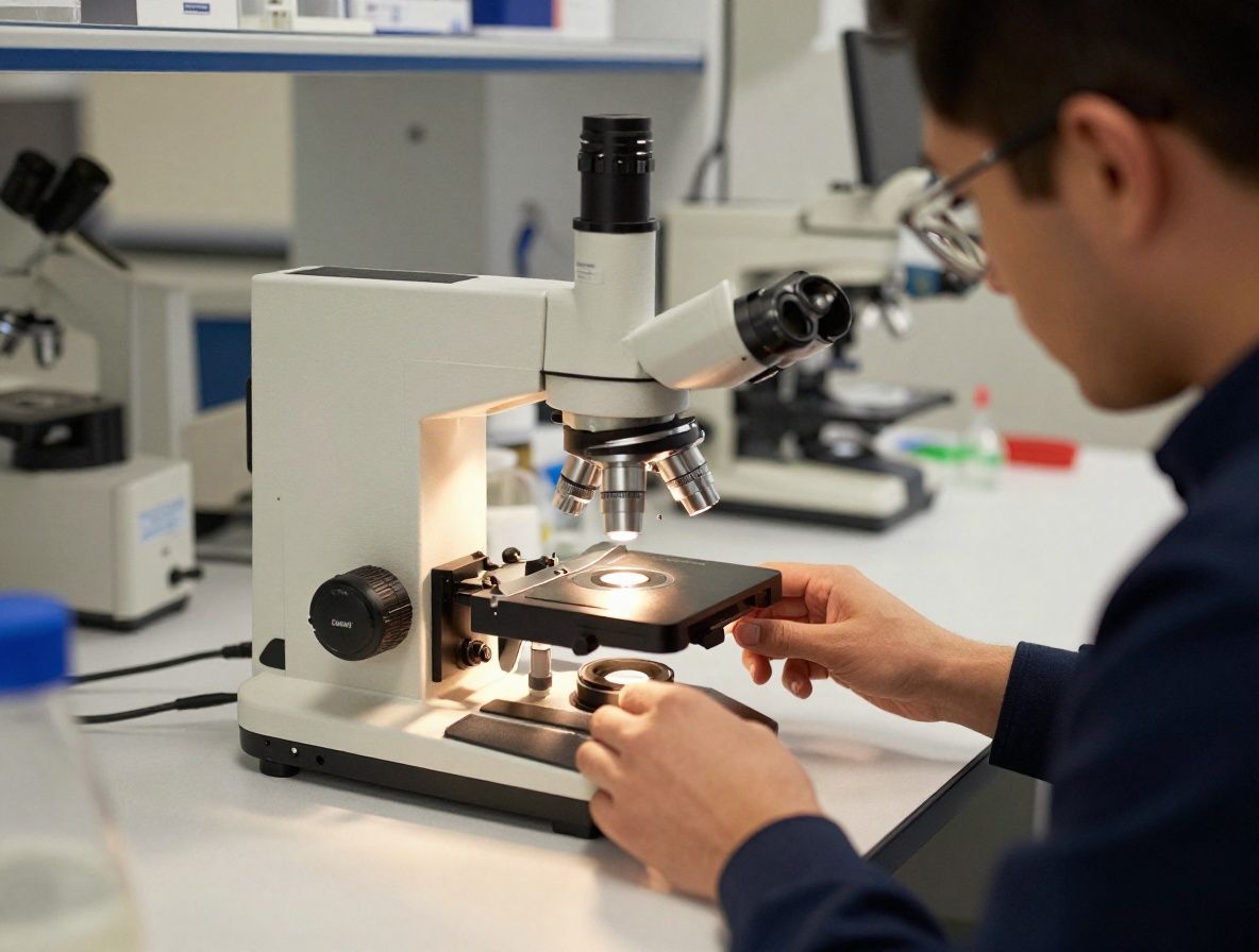 Wissenschaftliches Labor mit Mikroskopobjektiven und Reagenzgläsern auf einem weißen Labortisch, warmes seitliches Licht, keine Menschen sichtbar