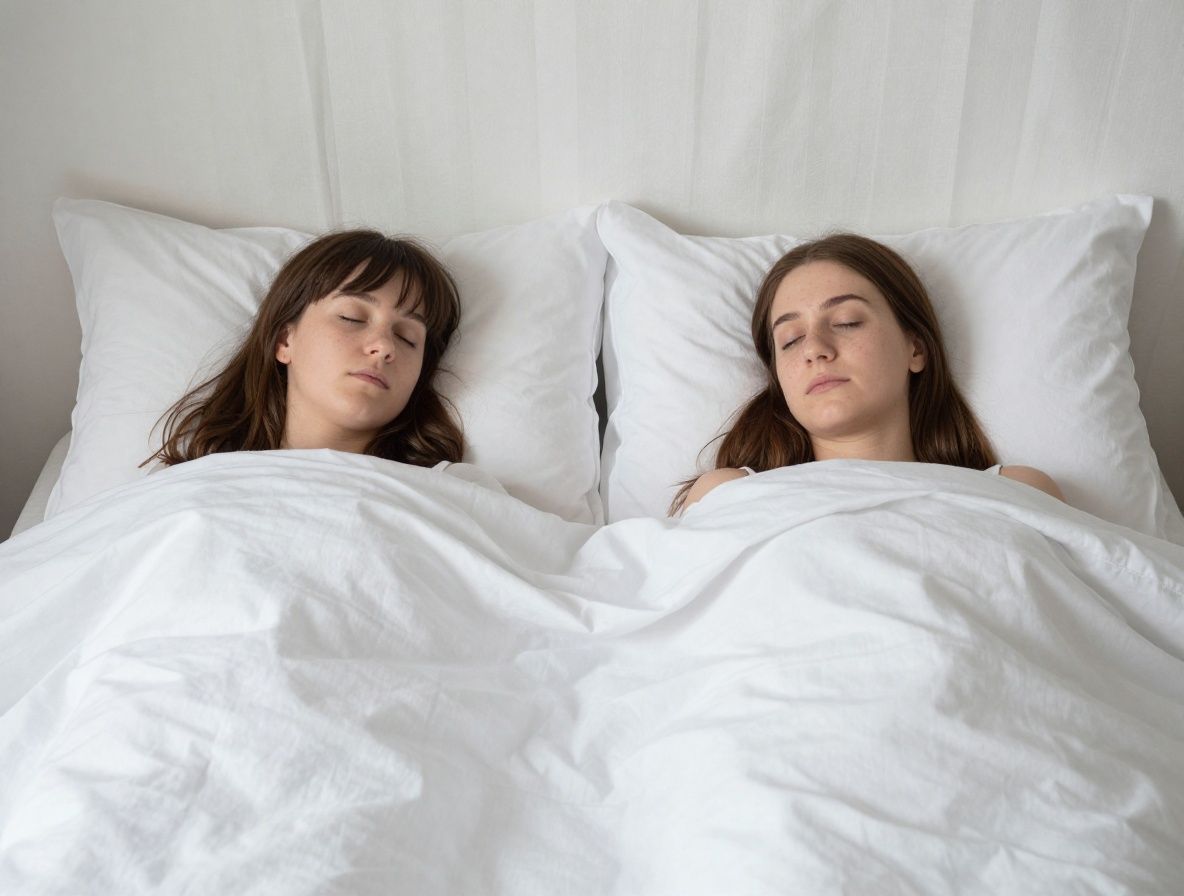 Ruhiges Schlafzimmer mit weißer Bettwäsche, weichem Morgenlicht durch Leinenvorhänge, friedliche entspannte Stimmung, keine Personen sichtbar